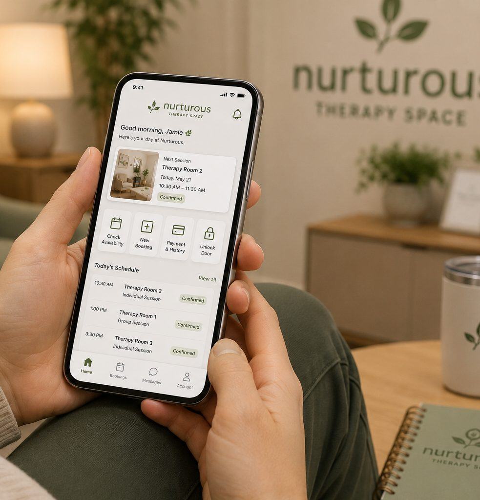 Concept preview of the Nurturous member app showing bookings and door unlock