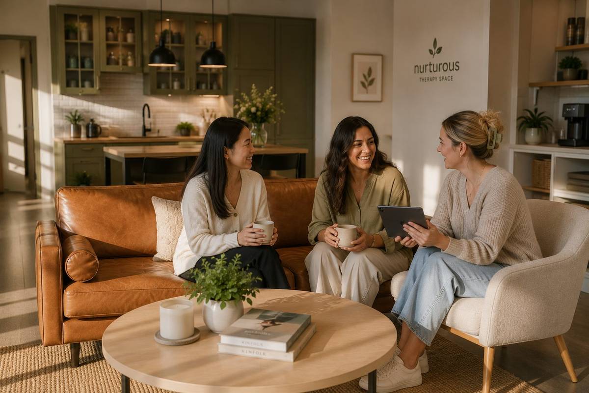 Rendering of clinicians talking over coffee in the Nurturous lounge