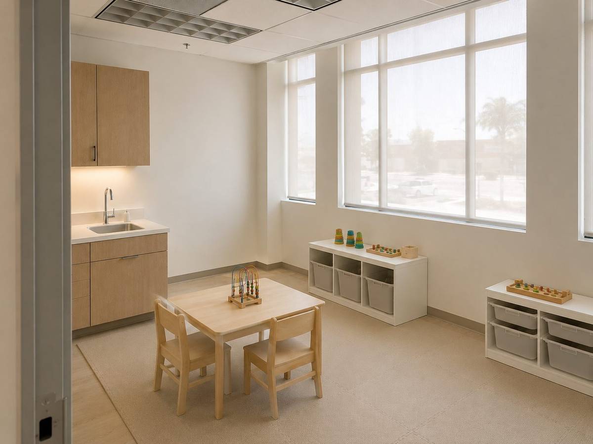 Rendering of the movement and messy-play flex room with sink and windows