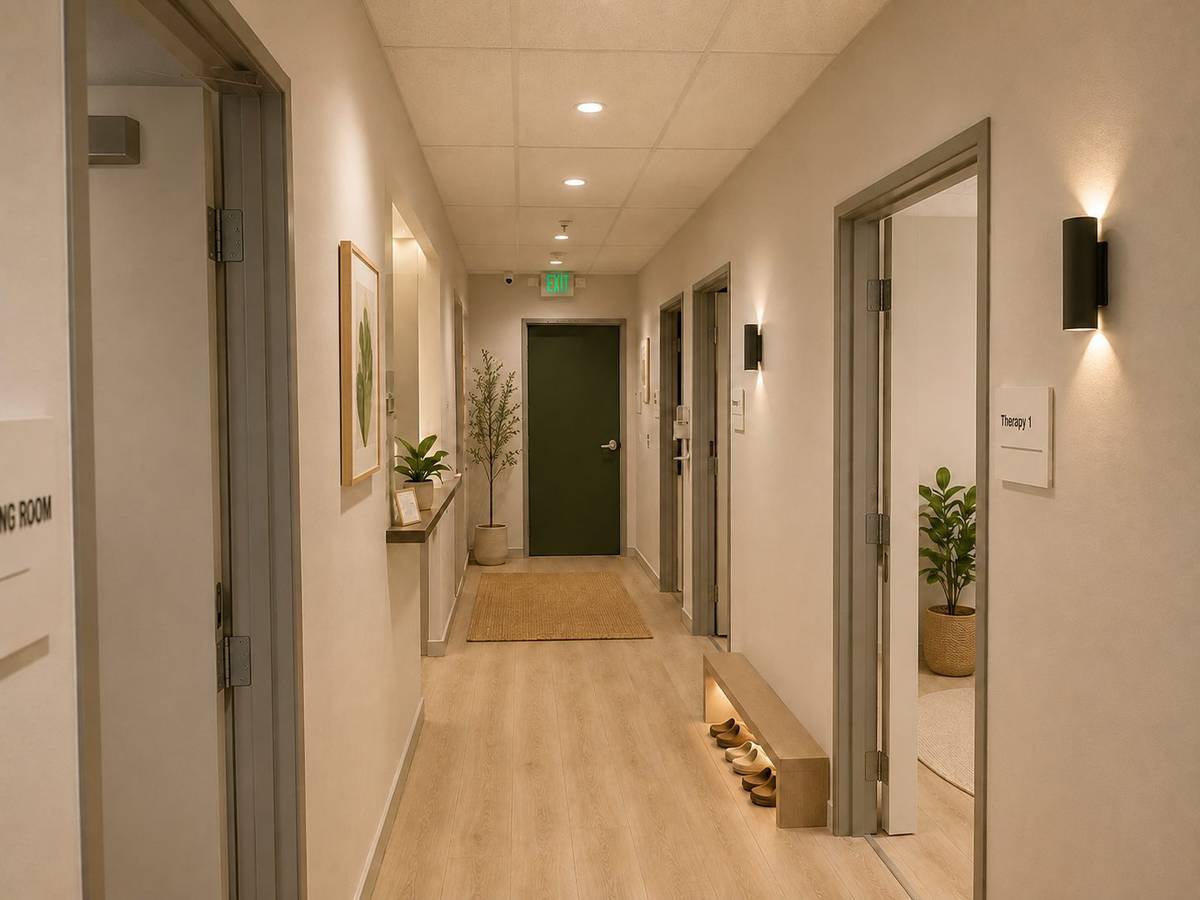 Rendering of the shoes-off hallway with bench