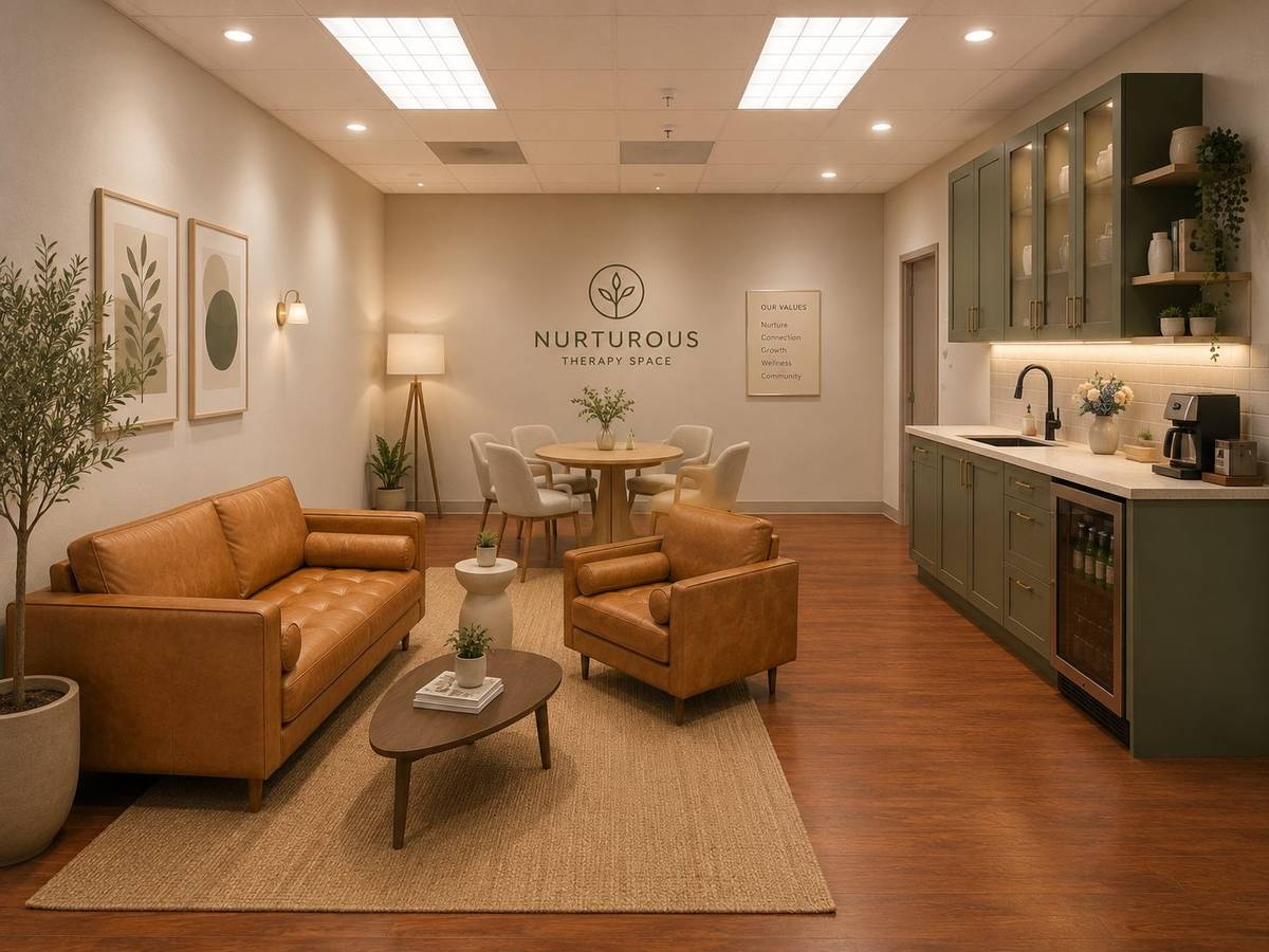 Rendering of the clinician lounge with kitchenette, coffee bar, and seating