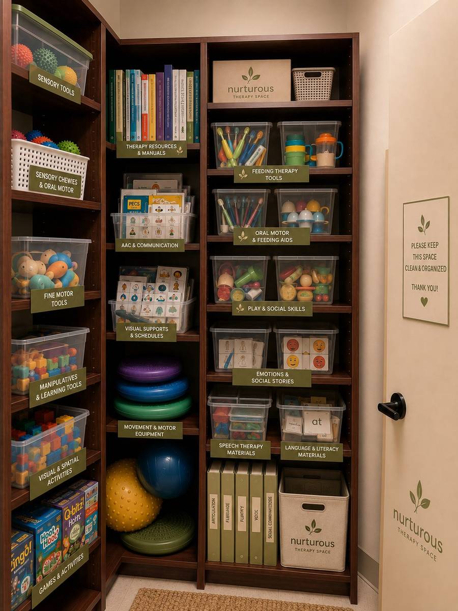Rendering of the shared materials library with labeled bins