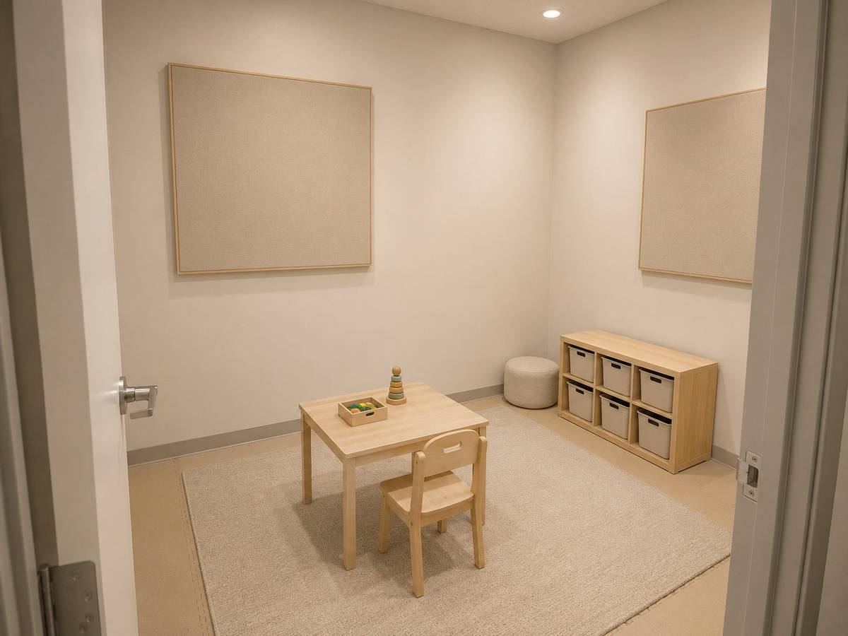 Rendering of private therapy room one with acoustic wall panels