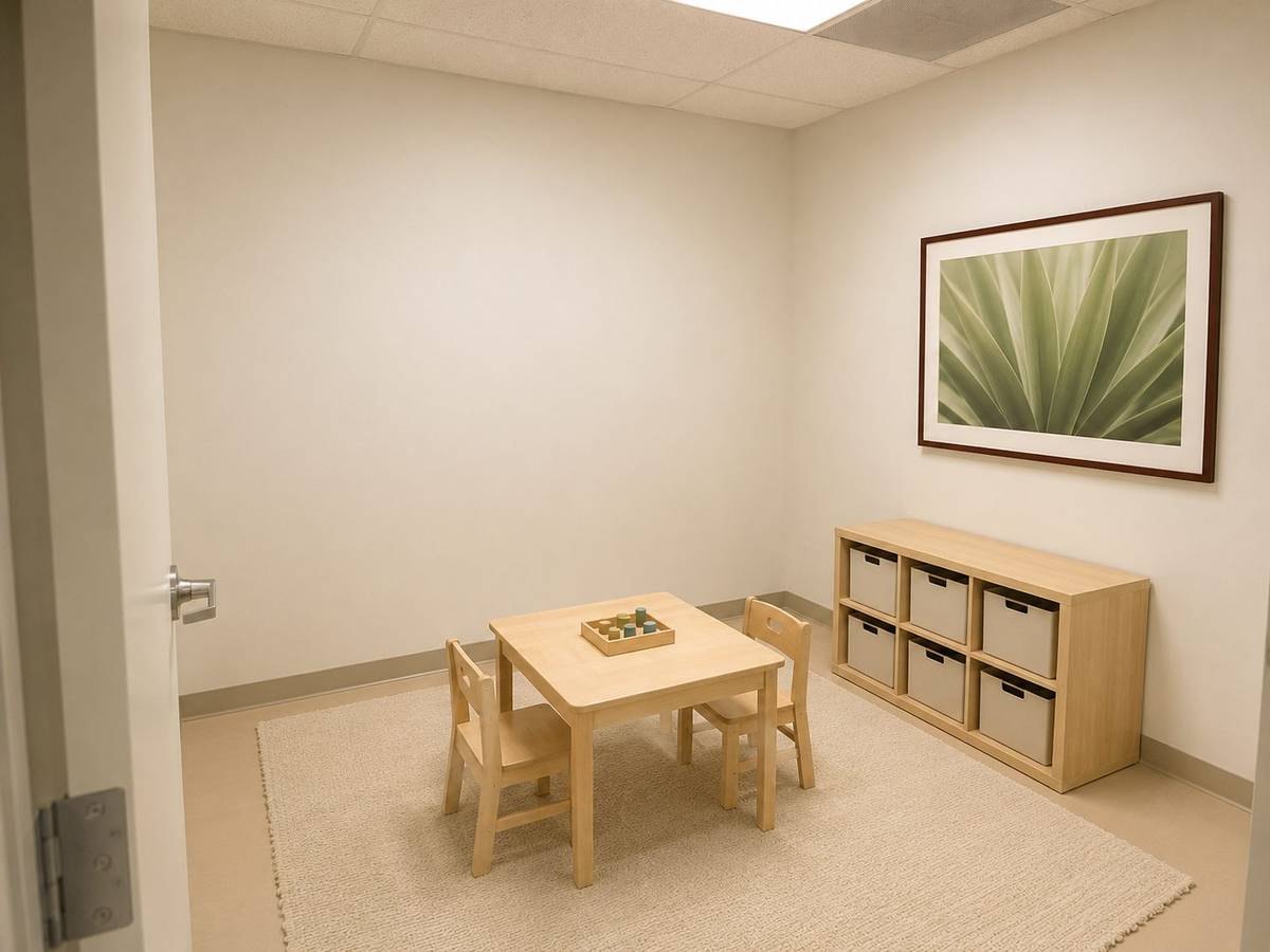 Rendering of private therapy room two with botanical art and cube storage