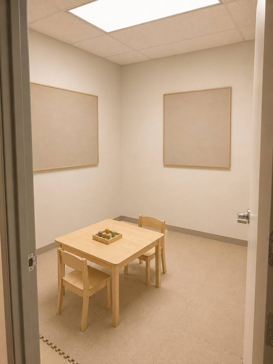 Rendering of private therapy room three with acoustic panels and table